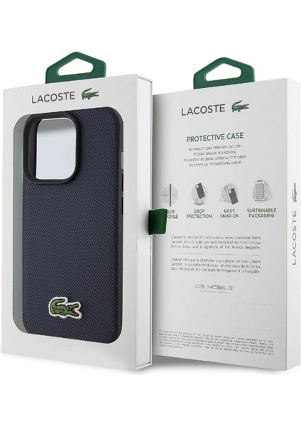 iPhone 15 Pro Max Kılıf Lacoste Orjinal Lisanslı Pu Pike Desenli Ikonik Timsah Dokuma Logo Lacivert