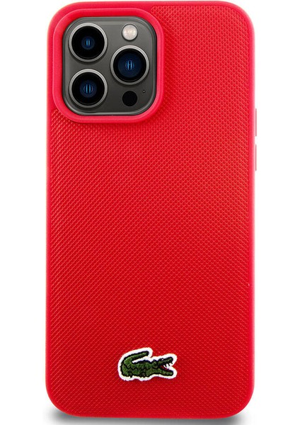 iPhone 15 Pro Max Kılıf Lacoste Orjinal Lisanslı Pu Pike Desenli Ikonik Timsah Dokuma Logo Kırmızı