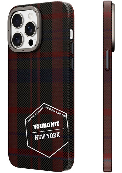 iPhone 15 Pro Max Kılıf Ekose Desenli Youngkit Gezhi Serisi Kapak Kırmızı