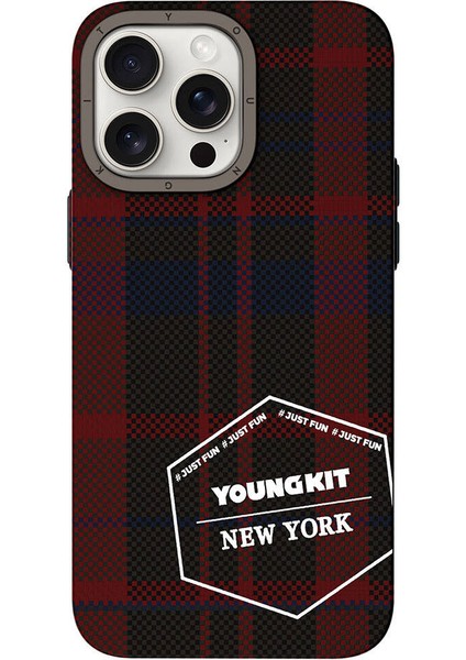iPhone 15 Pro Max Kılıf Ekose Desenli Youngkit Gezhi Serisi Kapak Kırmızı