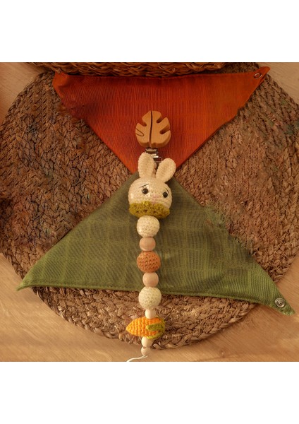 Isme Özel Ahşap Bebek Emzik Zinciri Amigurumi Mini Tavşan Yeşil Yenidoğan Isimli Emzik Askısı