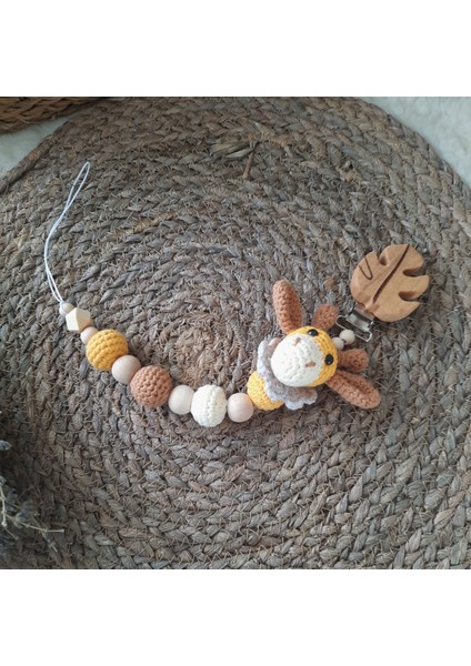 Isme Özel Ahşap Bebek Emzik Zinciri Amigurumi Zürafa Yenidoğan Isimli Emzik Askısı