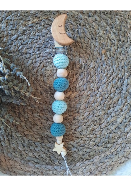 Isme Özel Ahşap Bebek Emzik Zinciri Amigurumi Ay Mavi Yenidoğan Isimli Emzik Askısı
