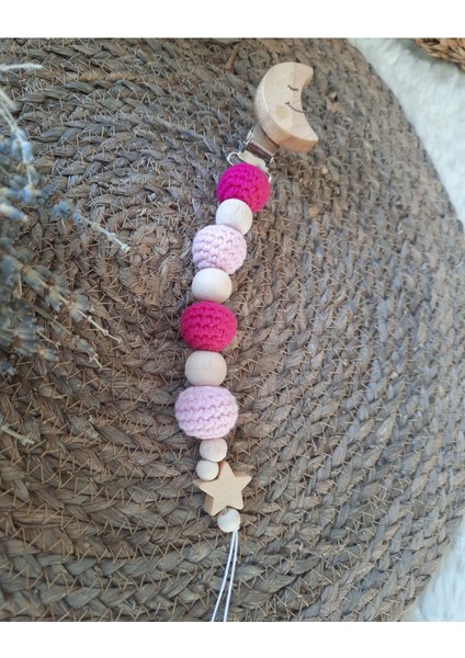 Hoşgeldin Bebek Yenidoğan Isimli Emzik Zinciri Askısı Hediye Seti Amigurumi Ay Pembe