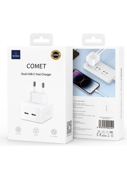 WI-U010 Comet Serisi Dual Type-C Hızlı Şarj Özellikli Seyahat Şarj Başlığı 35W Beyaz