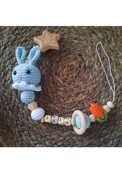 Isme Özel Ahşap Bebek Emzik Zinciri Amigurumi Tavşan Mavi Yenidoğan Isimli Emzik Askısı