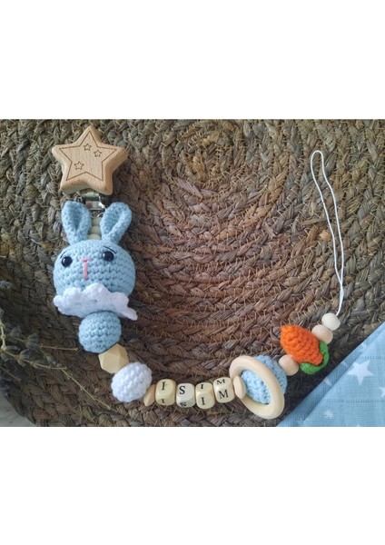 Isme Özel Ahşap Bebek Emzik Zinciri Amigurumi Tavşan Mavi Yenidoğan Isimli Emzik Askısı