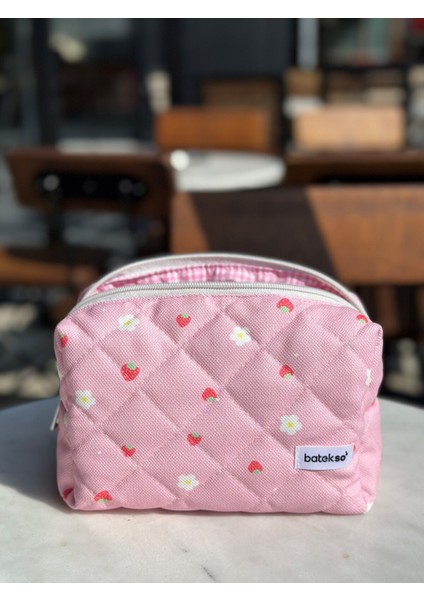 Mini Çilek Desenli Makyaj Çantası - Büyük Boy