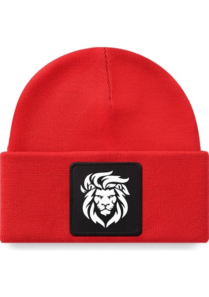 V1 Akrilik Aslan - 9 Kod Logolu Unisex Kırmızı Bere (Beanie)