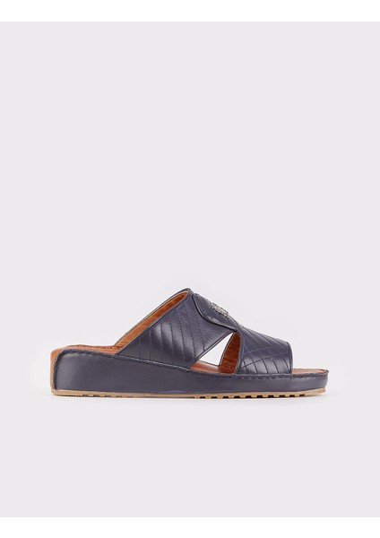 Erkek Hakiki Deri Logo Aksesuarlı Lacivert Terlik