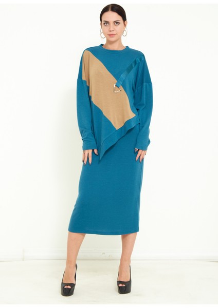 Kadın Tasarım Simli Çift Renk Alt Üst Triko Takım