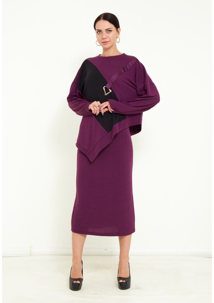 Kadın Tasarım Simli Çift Renk Alt Üst Triko Takım