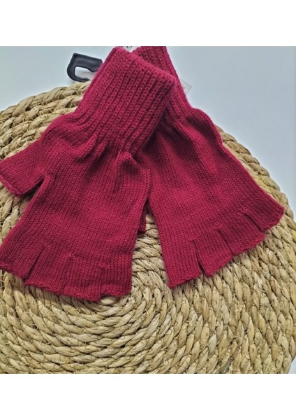Unisex Çocuk Pembe Parmaksız Kesik Yarım Parmak Kışlık Örme Triko Eldiven 3-8 Yaş