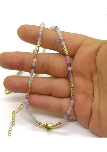 Yzcjeweler Doğaltaş Kolye Florit Taşı Kolye(3mm.büyüklüğünde Taşlar)
