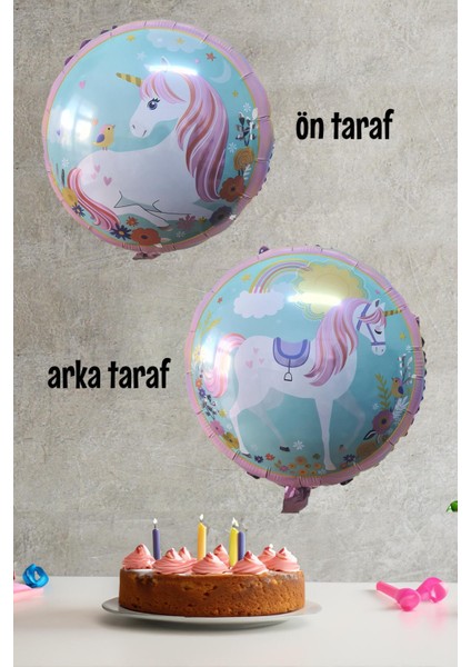 Yuvarlak Unicorn Temalı Folyo Balon Çift Taraflı Unicorn Konsept Balon 45CM