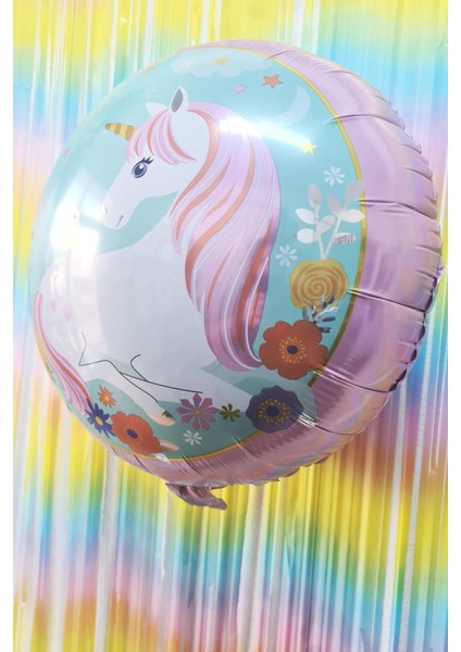 Yuvarlak Unicorn Temalı Folyo Balon Çift Taraflı Unicorn Konsept Balon 45CM modelleri