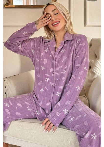 Lila Çam Desenli Önden Düğmeli Peluş Polar Pijama Takımı