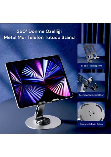 Royal Trend Masaüstü Metal Tablet ve Telefon Tutucu Stand, 360° Dönme Özelliği (Mor Renk)