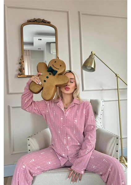 Pudra Kalp Desenli Önden Düğmeli Peluş Polar Pijama Takımı fiyatları