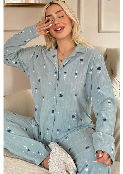 Yeşil Kalp Desenli Önden Düğmeli Peluş Polar Pijama Takımı