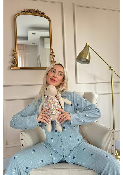 Yeşil Kalp Desenli Önden Düğmeli Peluş Polar Pijama Takımı fırsatları
