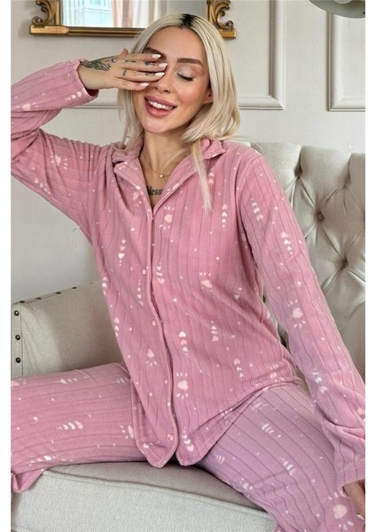 Pudra Kalp Desenli Önden Düğmeli Peluş Polar Pijama Takımı