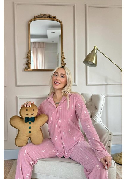 Pudra Kalp Desenli Önden Düğmeli Peluş Polar Pijama Takımı modelleri