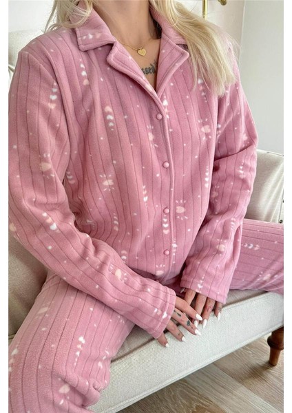 Pudra Kalp Desenli Önden Düğmeli Peluş Polar Pijama Takımı indirimleri