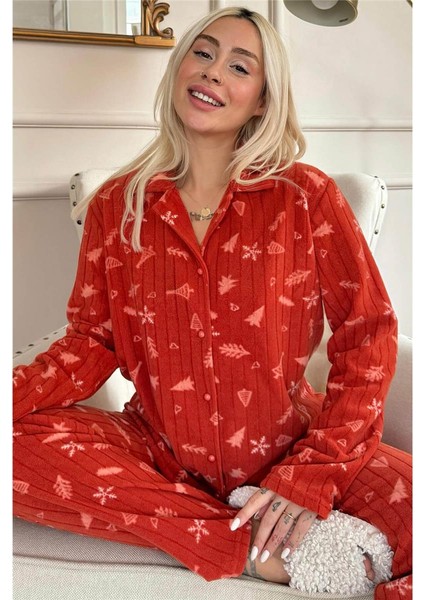 Turunç Tane Desenli Önden Düğmeli Peluş Polar Pijama Takımı