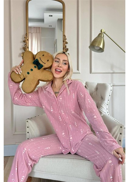 Pudra Kalp Desenli Önden Düğmeli Peluş Polar Pijama Takımı fırsatları