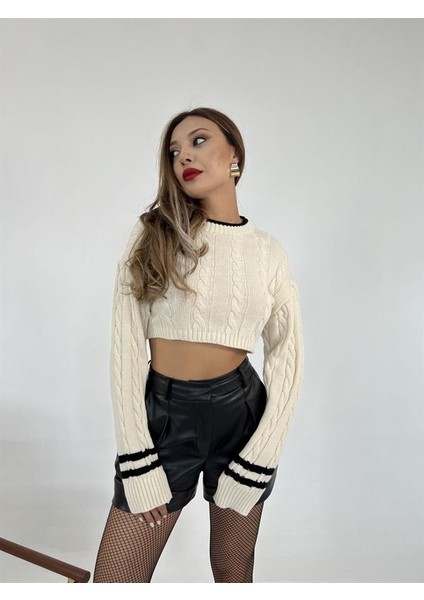 3925 Triko Saç Örgü Crop Kazak Krem Siyah modelleri