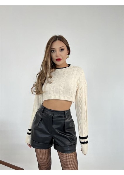 3925 Triko Saç Örgü Crop Kazak Krem Siyah fırsatları