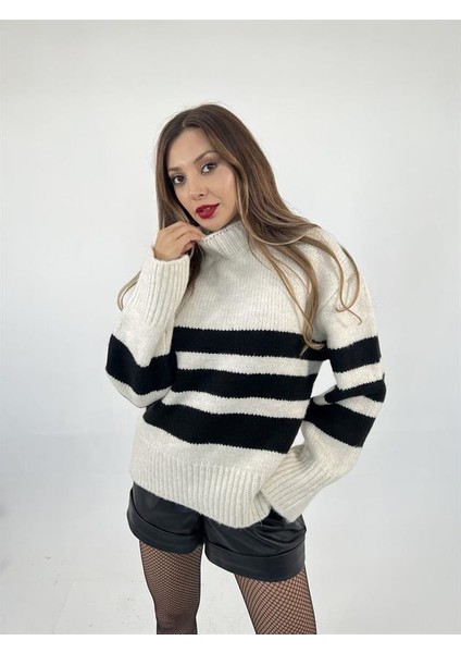 3941 Çizgili Şardon Kazak Krem Siyah