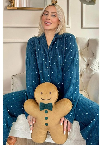 Petrol Lune Desenli Önden Düğmeli Peluş Polar Pijama Takımı