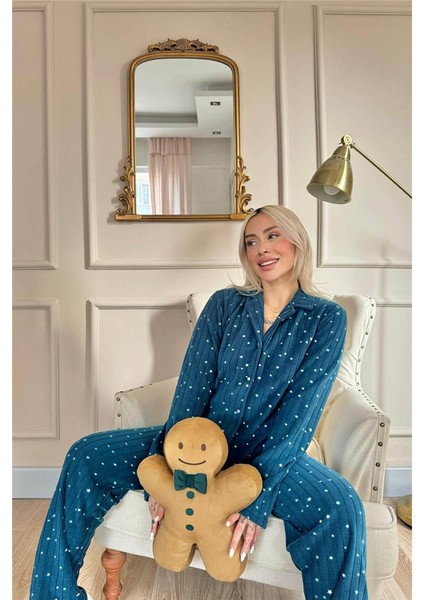 Petrol Lune Desenli Önden Düğmeli Peluş Polar Pijama Takımı