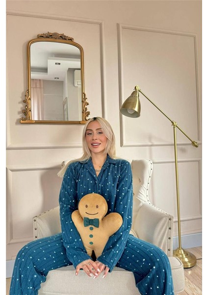 Petrol Lune Desenli Önden Düğmeli Peluş Polar Pijama Takımı