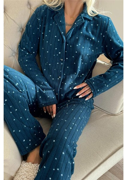 Petrol Lune Desenli Önden Düğmeli Peluş Polar Pijama Takımı