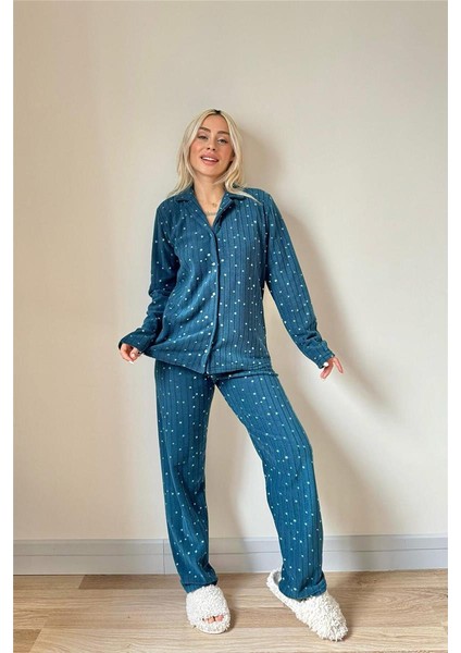 Petrol Lune Desenli Önden Düğmeli Peluş Polar Pijama Takımı