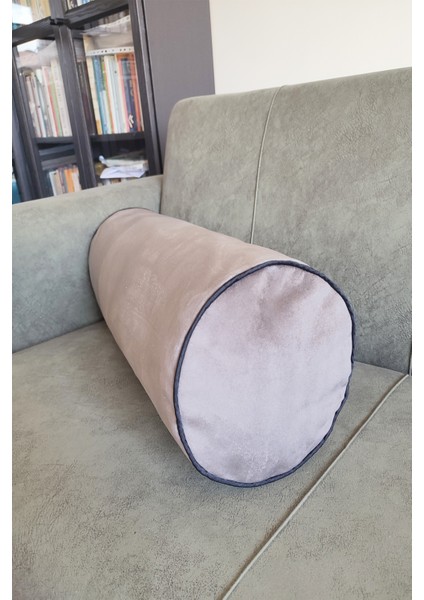 Silindir Yuvarlak Dekoratif Kırlent Biyeli Vizon 60X20