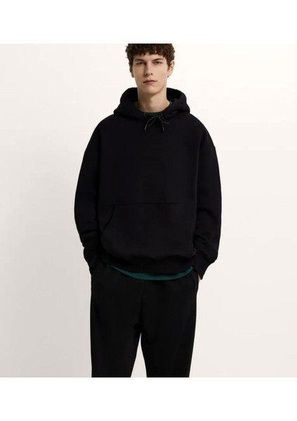 Unisex Basic Siyah Oversize 3 Iplik Kışlık Pamuklu Sweatshirt
