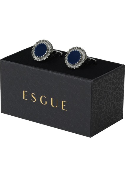 Gümüş Lacivert Renk Desenli Yuvarlak Form Mineli Kol Düğmesi