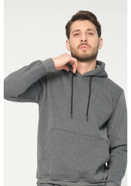 Antrasit Gri Kapşonlu Sweatshirt 3 Iplik Şardonlu (%100 Pamuk)