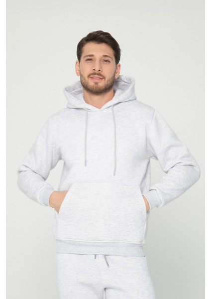 Açık Gri Kapşonlu Sweatshirt 3 Iplik Şardonlu (%100 Pamuk)