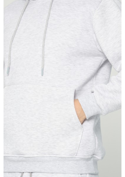 Açık Gri Kapşonlu Sweatshirt 3 Iplik Şardonlu (%100 Pamuk)
