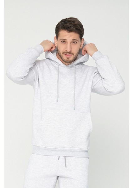Açık Gri Kapşonlu Sweatshirt 3 Iplik Şardonlu (%100 Pamuk)