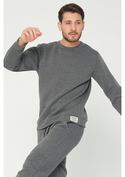 Antrasit Gri Bisiklet Yaka Sweatshirt 3 Iplik Şardonlu (%100 Pamuk)