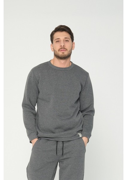 Antrasit Gri Bisiklet Yaka Sweatshirt 3 Iplik Şardonlu (%100 Pamuk)