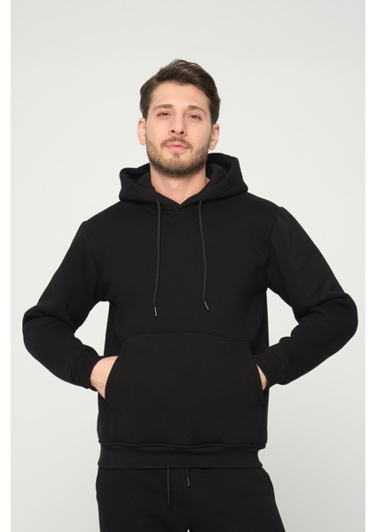 Siyah Kapşonlu Sweatshirt 3 Iplik Şardonlu (%100 Pamuk)
