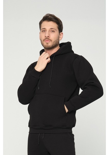 Siyah Kapşonlu Sweatshirt 3 Iplik Şardonlu (%100 Pamuk) fırsatları