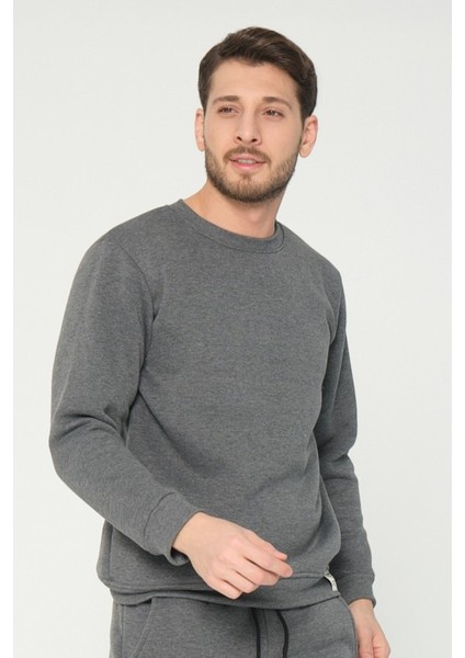Antrasit Gri Bisiklet Yaka Sweatshirt 3 Iplik Şardonlu (%100 Pamuk)
